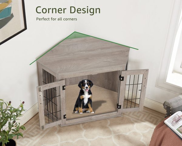 Unipaws Corner Dog Crate Furniture, Wooden Dog Kennel for Dogs Puppy, Pet Crate for Limited Room, Medium, Weathered Gray - Image 3