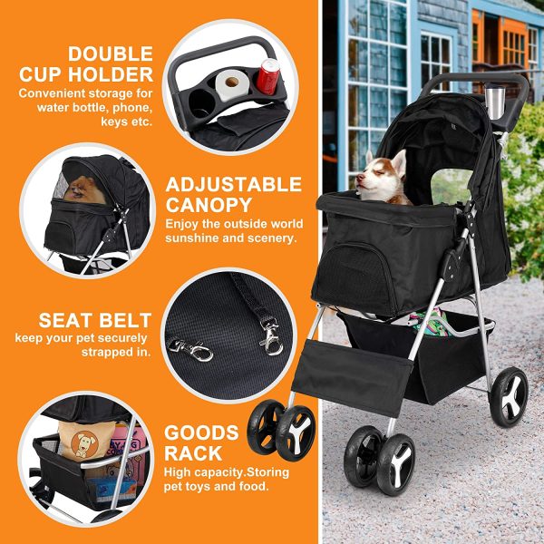 Pet Stroller 4 Wheels Dog Cat Stroller for Small Medium Dog Cats Carrier Jogger Travel Foldable Puppy Stroller with Storage Basket and Cup Holder - Image 7