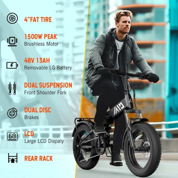 TST Electric Bike, 4.0 Fat Tire Foldable Ebike, 48V 13Ah Battery, 750W Electric Commuter Bicycle with LCD, 20" One-Step Folding Electric City Bike for Men Women, Black - Image 6