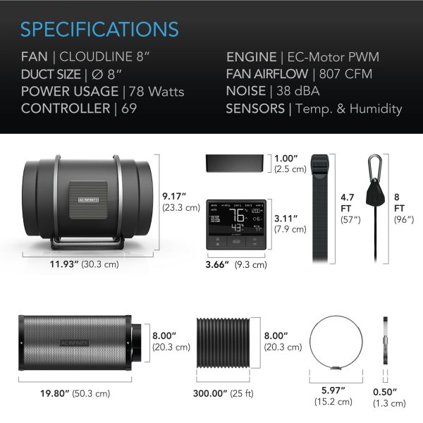 AC Infinity Air Filtration PRO Kit 8�±, CLOUDLINE Inline Fan with CONTROLLER 69, Carbon Filter Ducting Combo, Cooling and Ventilation System for Grow Tents, Hydroponics, Indoor Gardening - Image 7