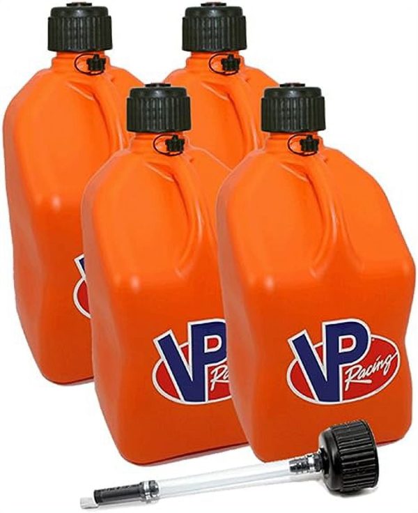 VP Racing Fuels Motorsport 5 Gallon Square Plastic Utility Jug Orange & 14 Inch Hose (4 Pack)