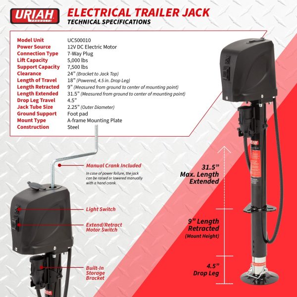 Uriah Products Electric 7 Way Connector 5000lb Lift Capacity Trailer Jack - Image 4