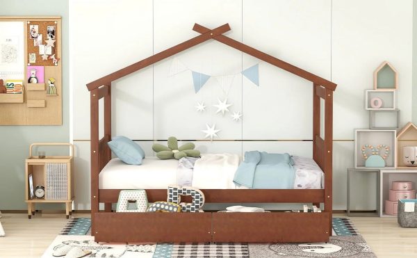 Upgrade your bedroom decor with this cozy and elegant Twin Size Wooden House Bed. Featuring spacious drawers and a stylish walnut finish this bed is the perfect addition to your bedroom. - Image 4