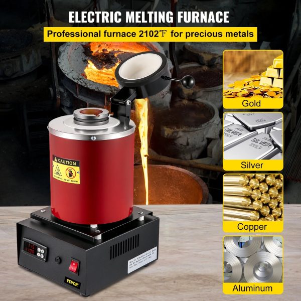 VEVOR Electric Melting Furnace, 3KG Digital Electric Melting Furnace, 1750W 1150℃/2102 ℉ Gold Smelter Furnace W/ Graphite Crucible & Ingot Die for Processing of Melting Gold, Silver, Copper, Aluminum - Image 2