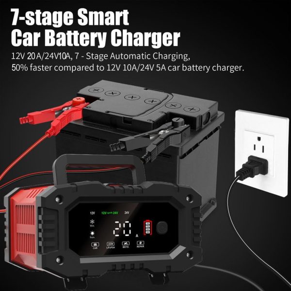 20-Amp Car Battery Charger, 12V/20A and 24V/10A LiFePO4,Lead-Acid(AGM/Gel/SLA) Automatic Smart Trickle Charger Maintainer,Desulfator, 300W Fast Charging for Automotive Truck Motorcycle Lawn Mower Boat - Image 3