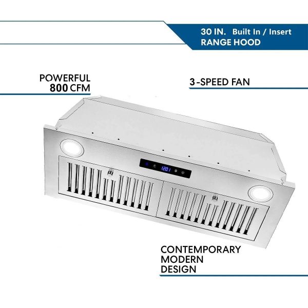 30 inch Built-In Range Hood 800CFM Kitchen Insert Stove Vent 3-Speed Touch Panel - Image 2