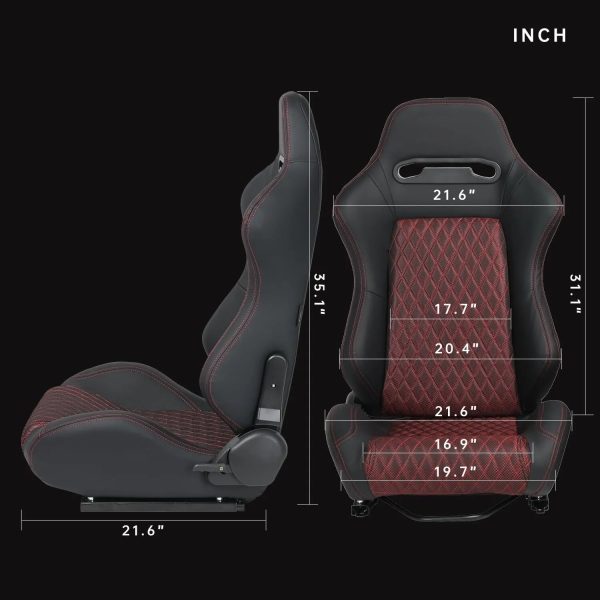 Universal Set of 2 Racing Seats Pair Black Leather Reclinable Bucket Sport Seats - Image 8