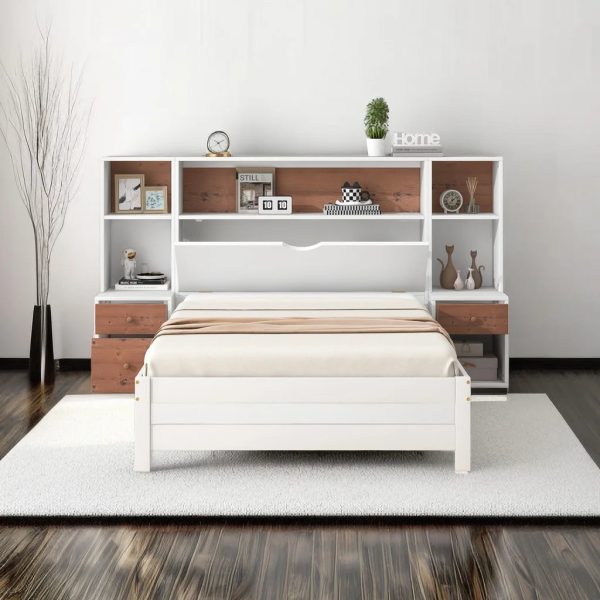 Twin Size Platform Bed with Storage Headboard and Drawers, Wooden Storage Bed Frame for Bedroom, Dorm, Bedroom Furniture