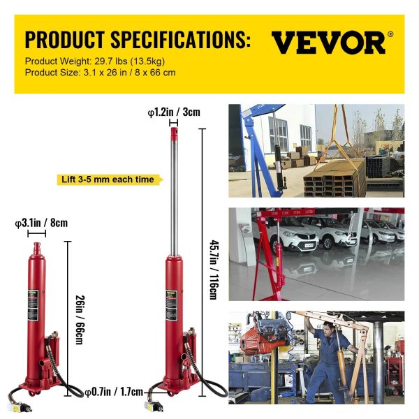 VEVOR Hydraulic / Pneumatic Long Ram Jack, 8 Tons/17363 lbs Capacity, with Single Piston Pump and Clevis Base, Manual Cherry Picker w/Handle, for Garage/Shop Cranes, Engine Lift Hoist, Red - Image 7