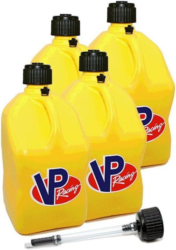 VP Racing Fuels 5 Gallon Round Motorsport Utility Container Yellow & Hose 4 Pack