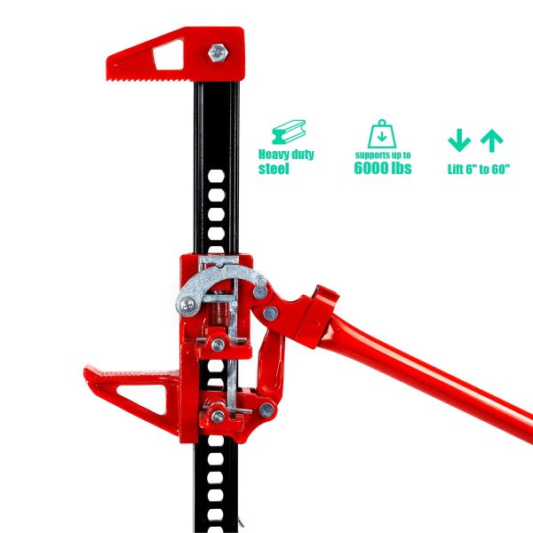 60" Ratcheting Off Road Utility Farm Jack, 3 Ton (6,000 lb) Capacity Detachable Handle SUV Truck Farm Van Bumper Tractor, Red - Image 4