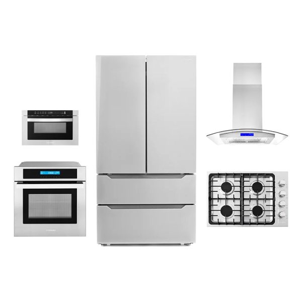 5 Piece Kitchen Package With 30" Gas Cooktop 36" Island Range Hoood 30" Single Electric Wall Oven 24" Built-In Microwave Drawer & French Door Refrigerator