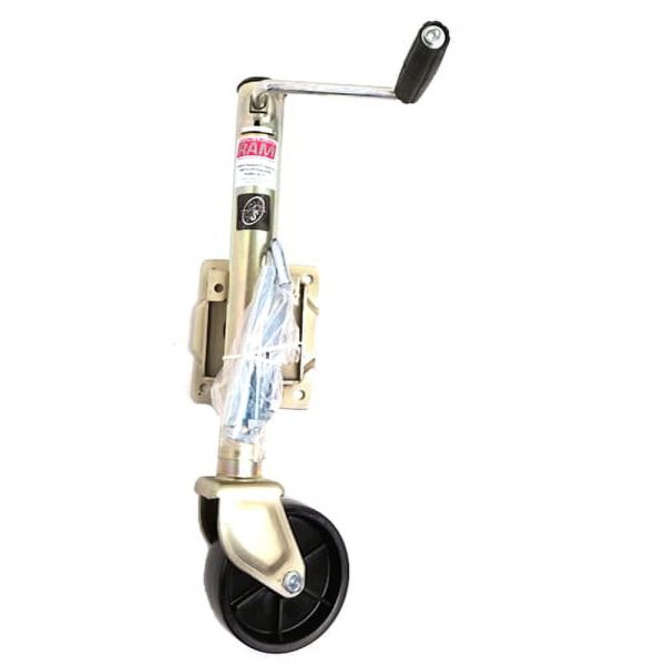 1,200 lbs. capacity RAM sidewind bolt-on swivel trailer jack zinc coated with 6" caster.