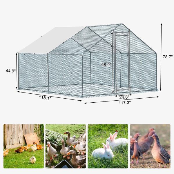 10 x 10 ft Large Metal Chicken Coop, Walk-in Poultry Cage Chicken Hen Run House with Waterproof Cover, Rabbits Cats Dogs Farm Pen for Outdoor Backyard Farm Garden - Image 3