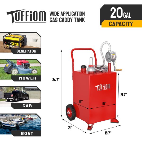 TUFFIOM 20 Gallon Gas Caddy with Wheels, Gasoline Diesel Fuel Transfer Storage Tank with Pump, Red - Image 2