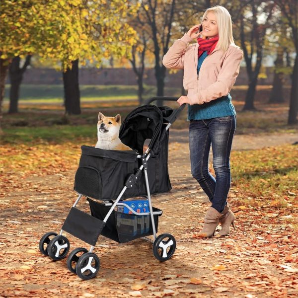 Pet Stroller 4 Wheels Dog Cat Stroller for Small Medium Dog Cats Carrier Jogger Travel Foldable Puppy Stroller with Storage Basket and Cup Holder - Image 2